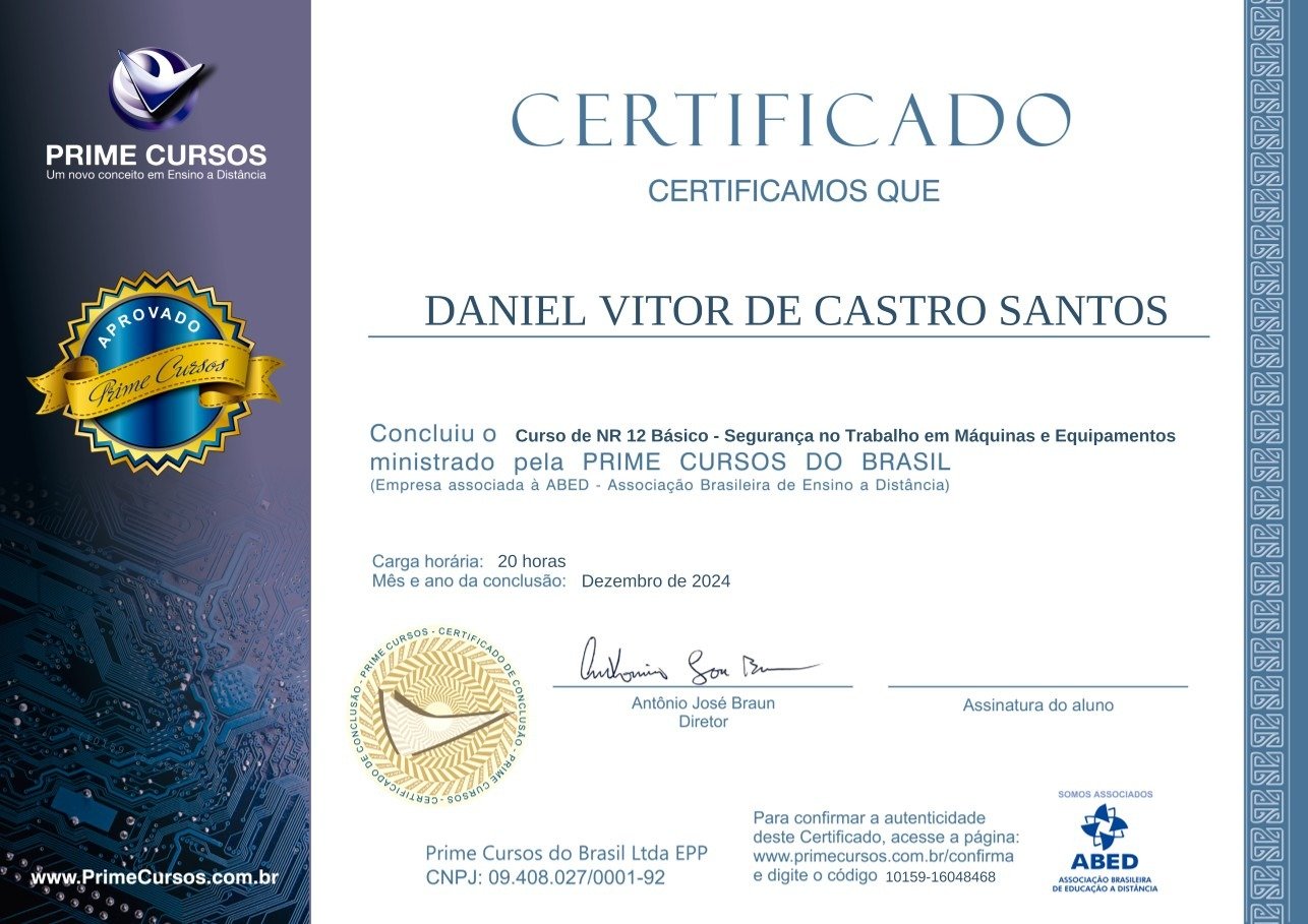 Certificado NR 12 — Segurança no Trabalho em Máquinas e Equipamentos